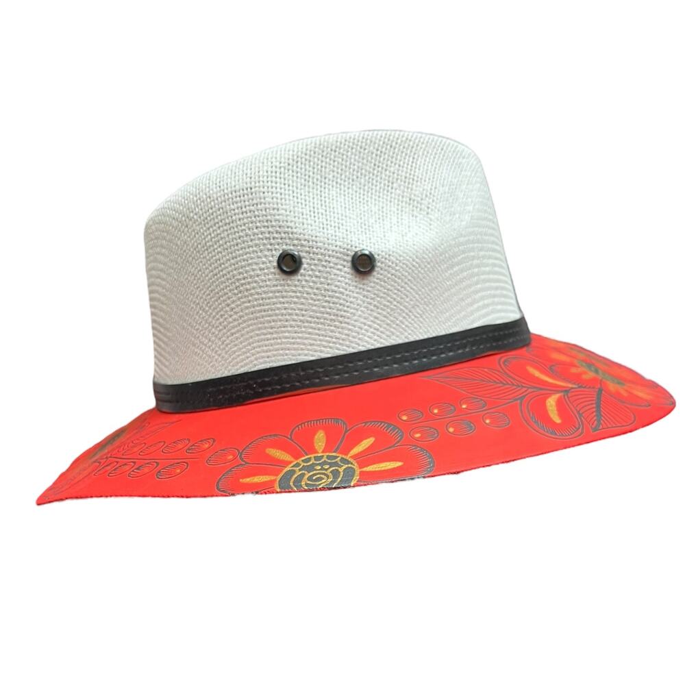 HAT MEXICAN Artisanal Hand Painted Fedora Floral Sombrero Panama Bohemian Red - Picture 2 of 6
